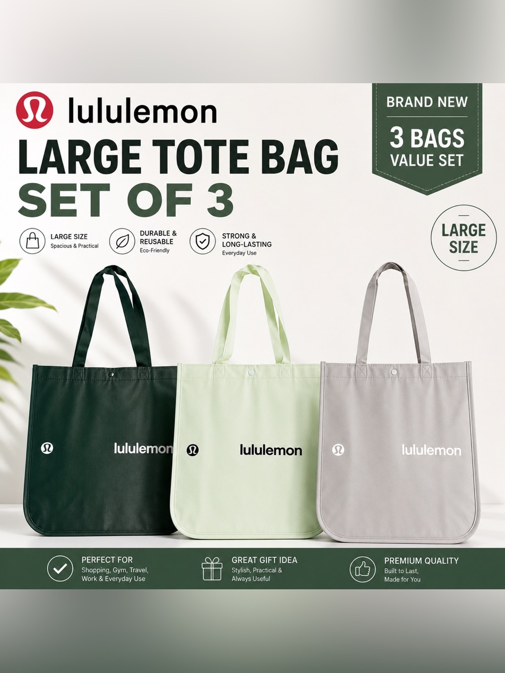 NEW Lululemon Large Reusable Tote Bags Set of 3 Green Gray Shopping Tote Bundle
